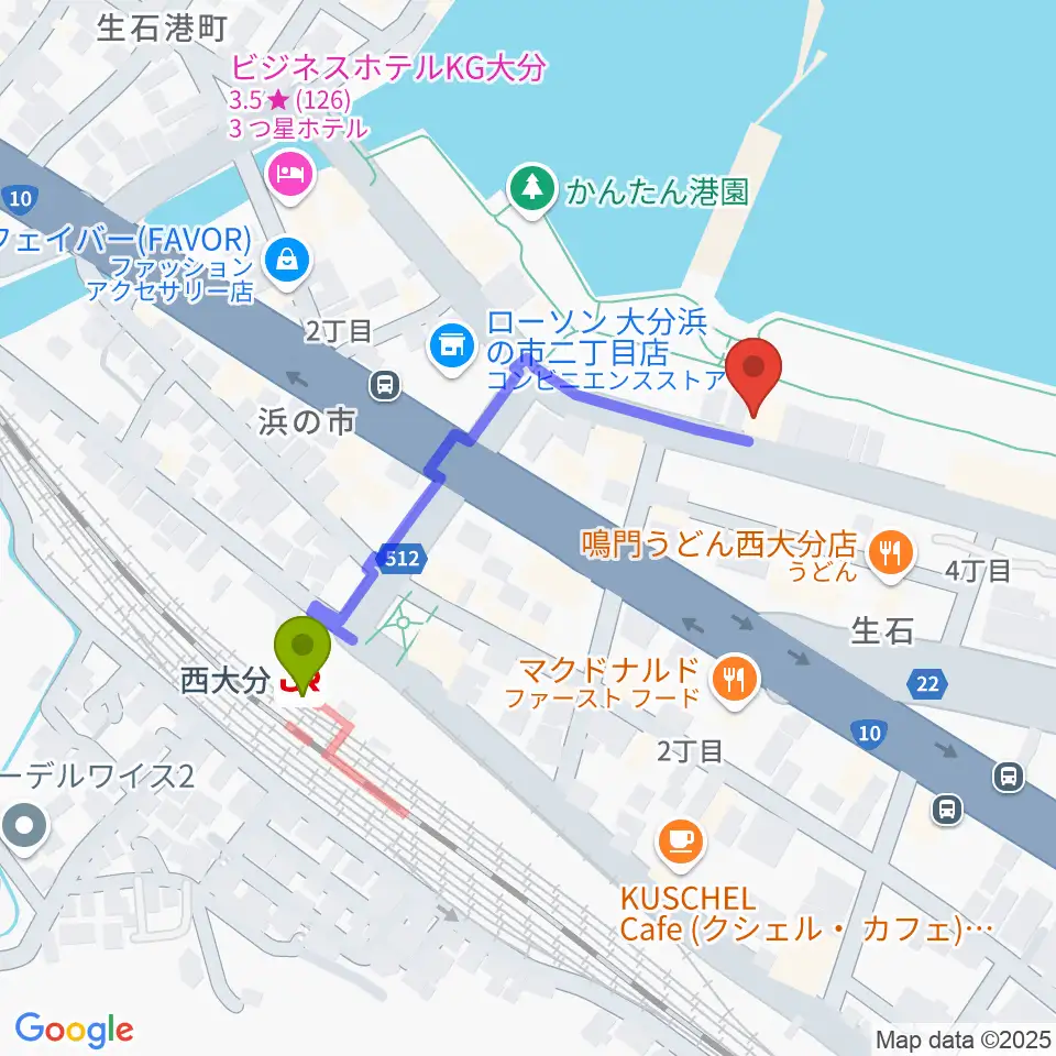 大分ブリックブロックの最寄駅西大分駅からの徒歩ルート（約4分）地図