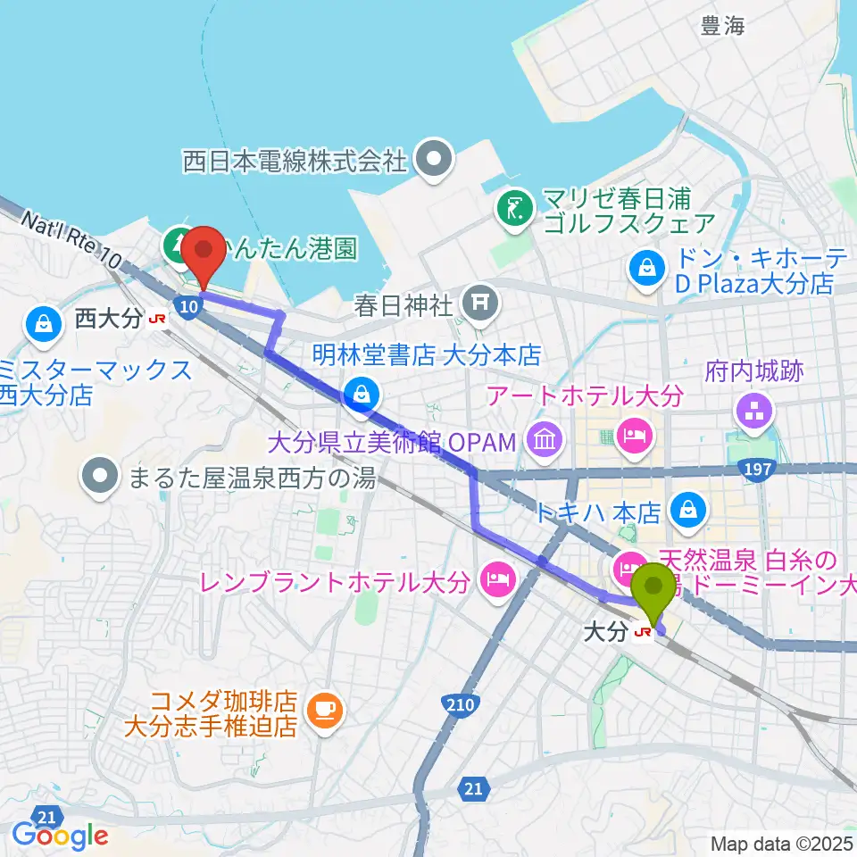 大分駅から大分ブリックブロックへのルートマップ地図