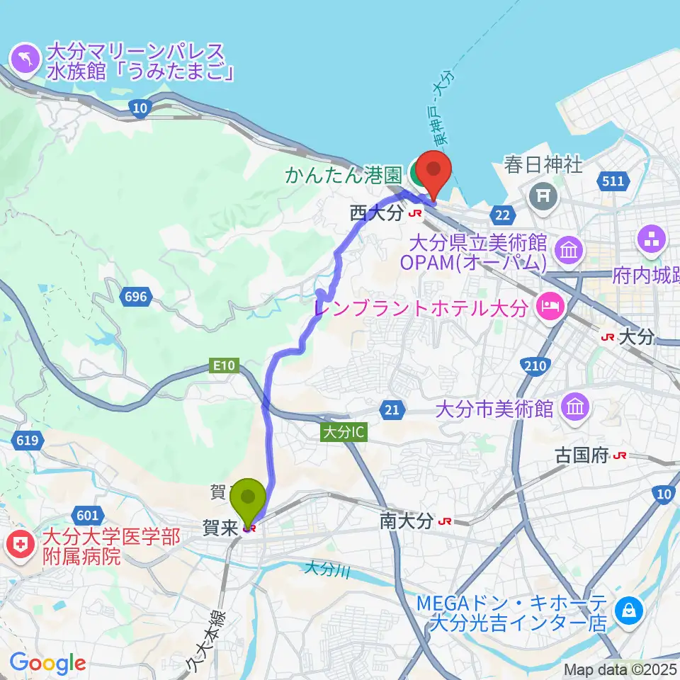 賀来駅から大分ブリックブロックへのルートマップ地図