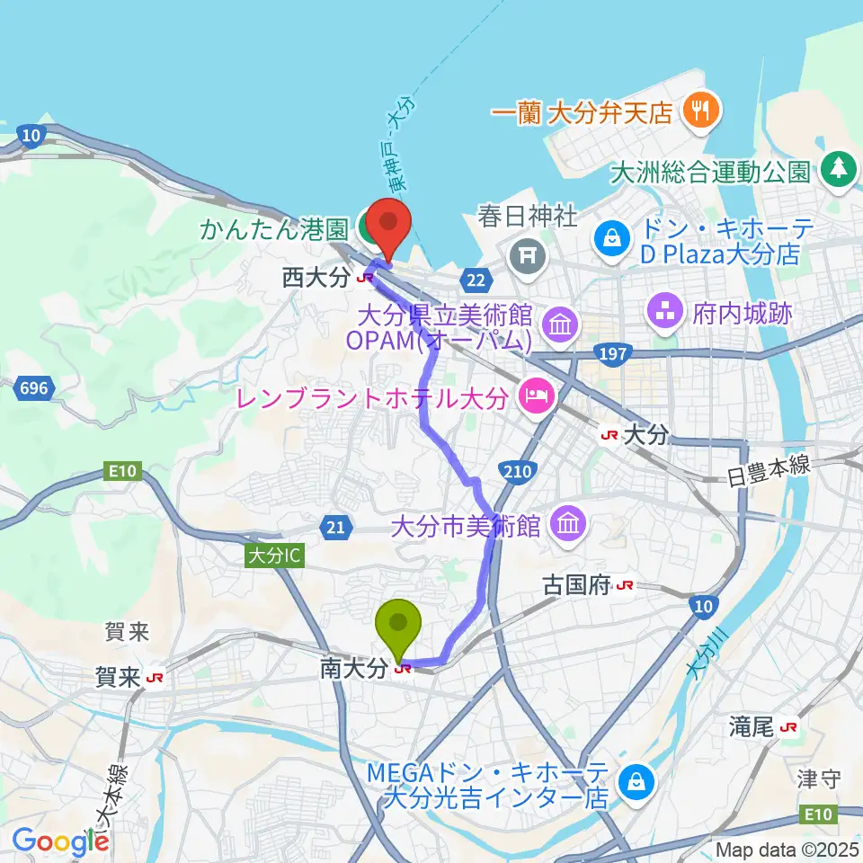 南大分駅から大分ブリックブロックへのルートマップ地図