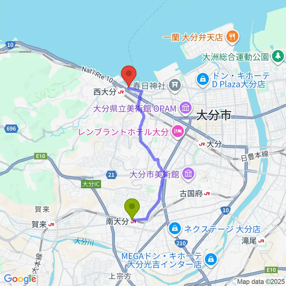 南大分駅から大分ブリックブロックへのルートマップ地図