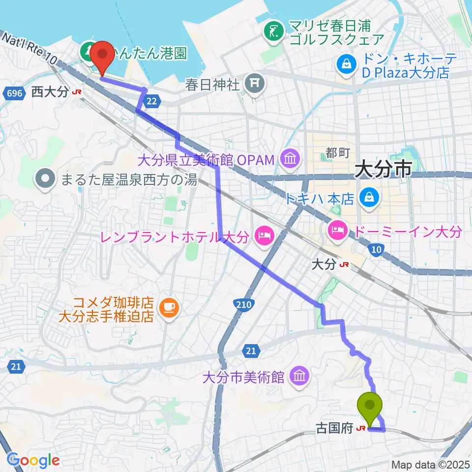 古国府駅から大分ブリックブロックへのルートマップ地図