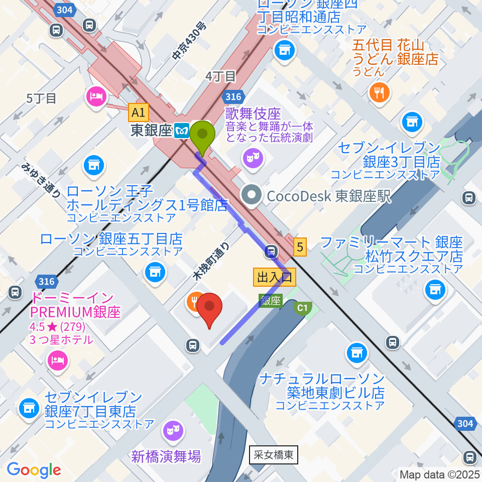 時事通信ホールの最寄駅東銀座駅からの徒歩ルート（約3分）地図