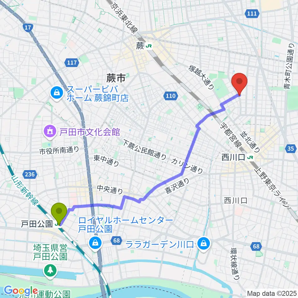 戸田公園駅からセシリアギタースクールへのルートマップ地図