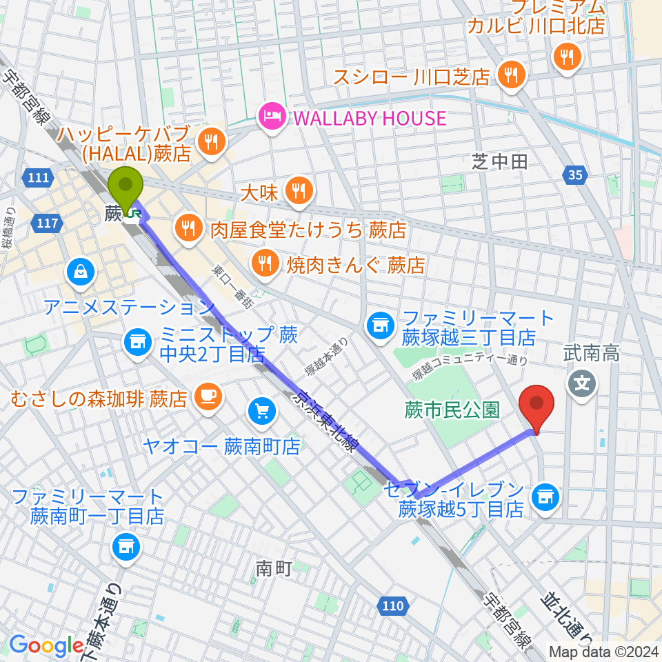 蕨駅からセシリアギタースクールへのルートマップ地図