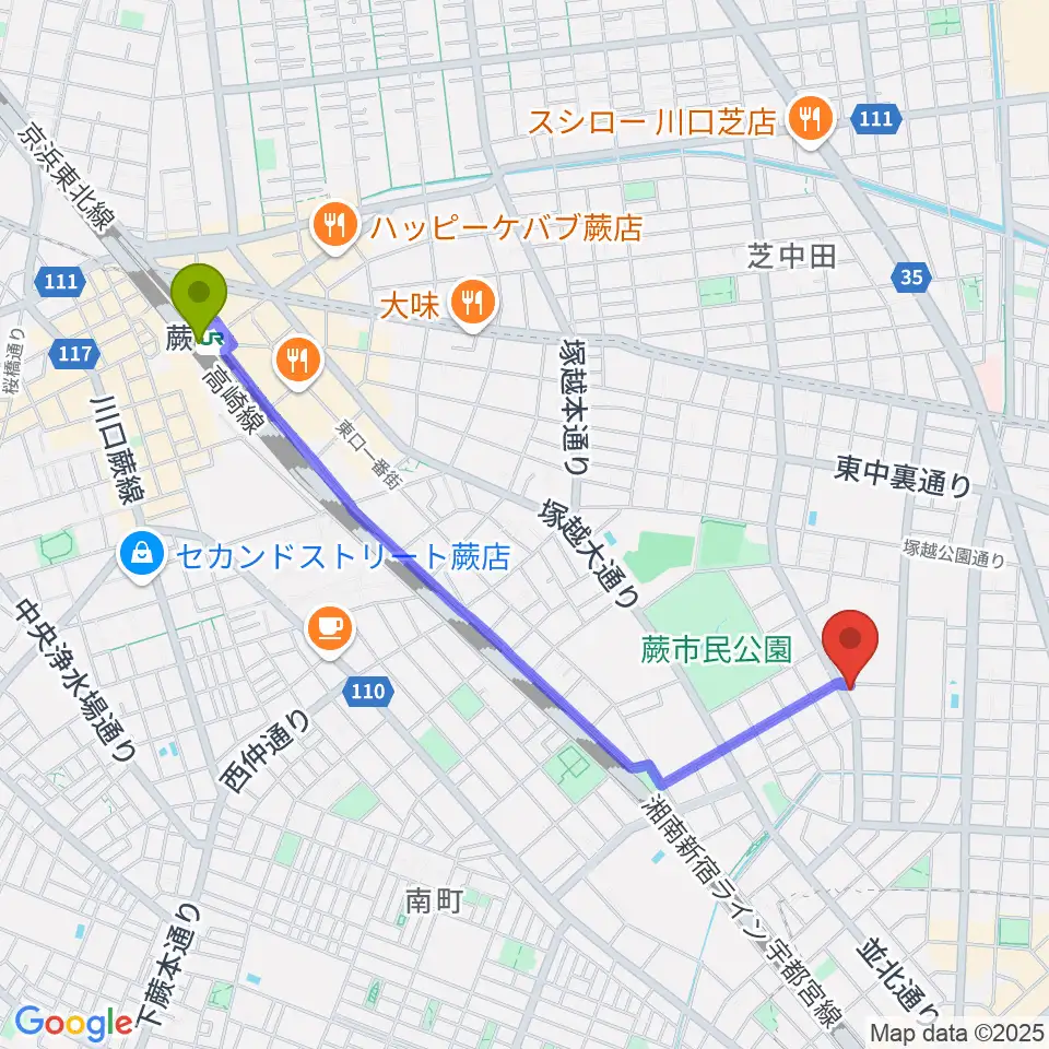 蕨駅からセシリアギタースクールへのルートマップ地図