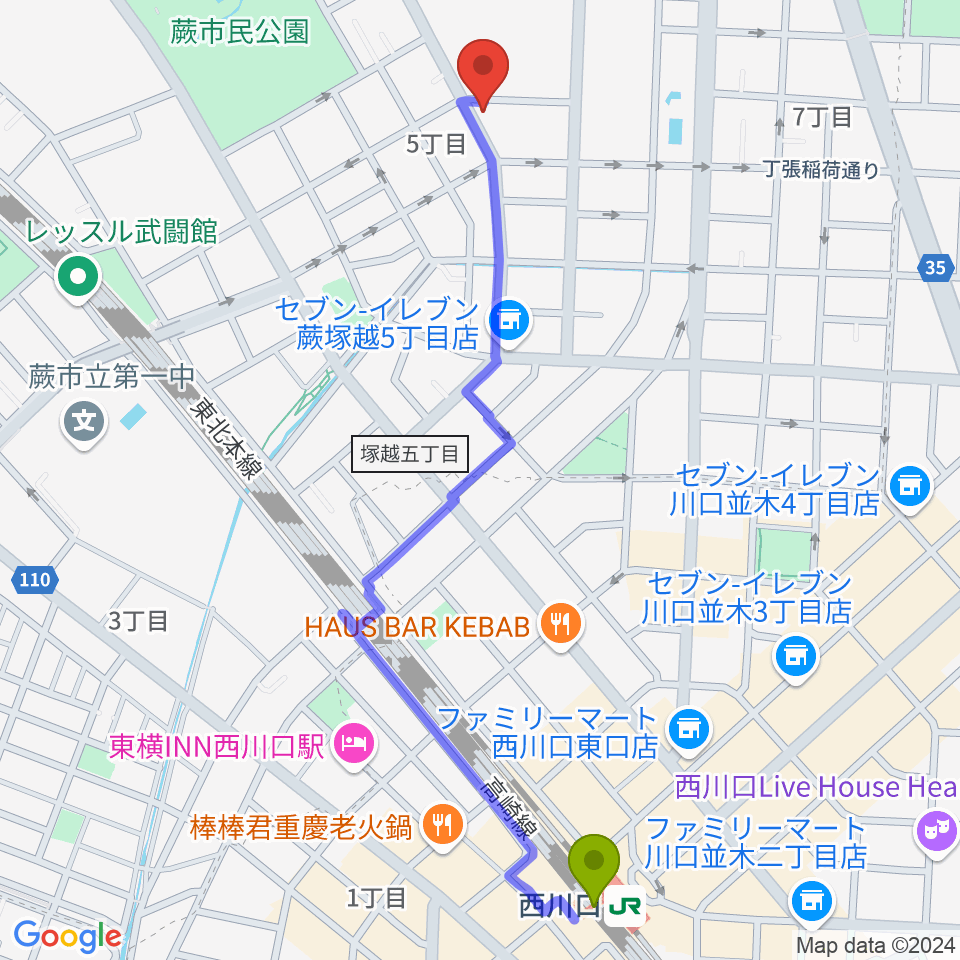 セシリアギタースクールの最寄駅西川口駅からの徒歩ルート（約13分）地図