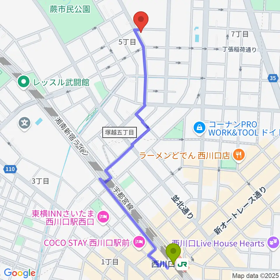 セシリアギタースクールの最寄駅西川口駅からの徒歩ルート（約13分）地図