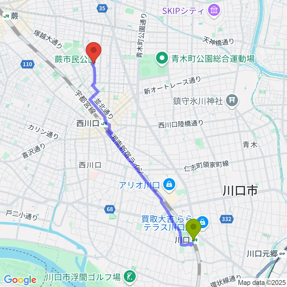 川口駅からセシリアギタースクールへのルートマップ地図