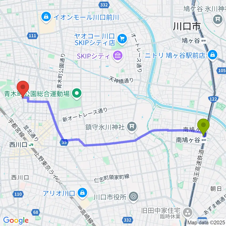 南鳩ヶ谷駅からセシリアギタースクールへのルートマップ地図