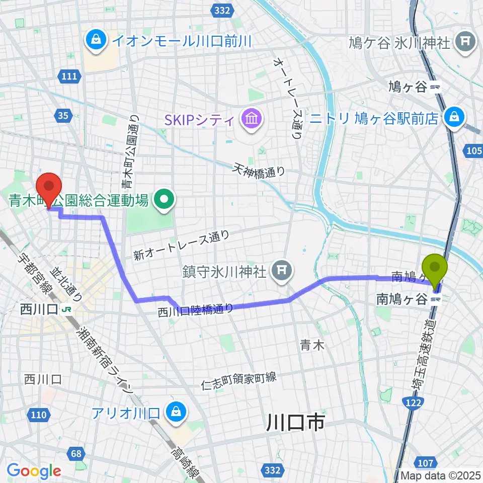南鳩ヶ谷駅からセシリアギタースクールへのルートマップ地図