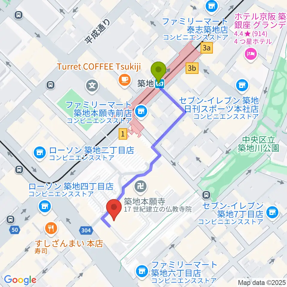 築地本願寺ブディストホールの最寄駅築地駅からの徒歩ルート（約4分）地図