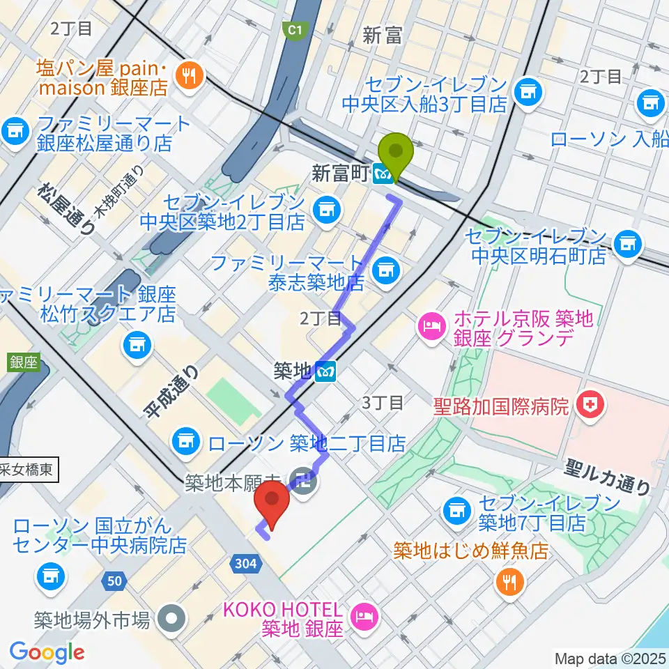 新富町駅から築地本願寺ブディストホールへのルートマップ地図