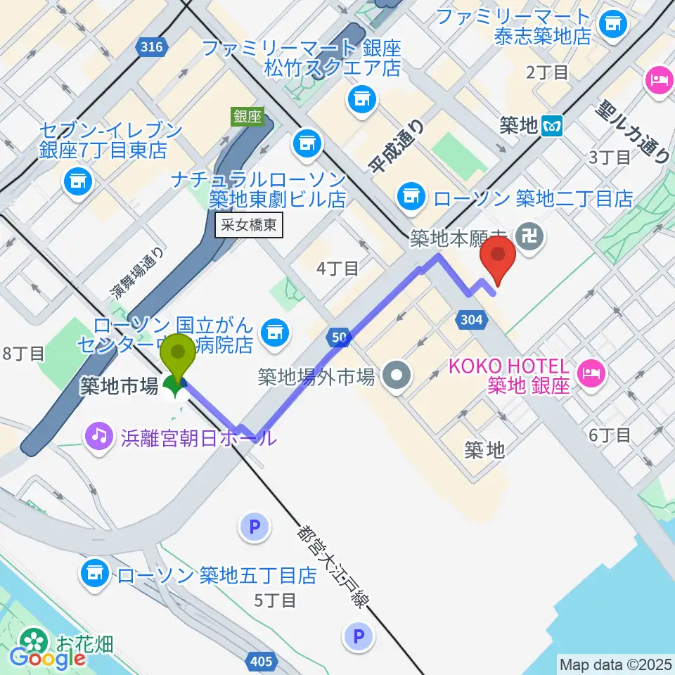 築地市場駅から築地本願寺ブディストホールへのルートマップ地図