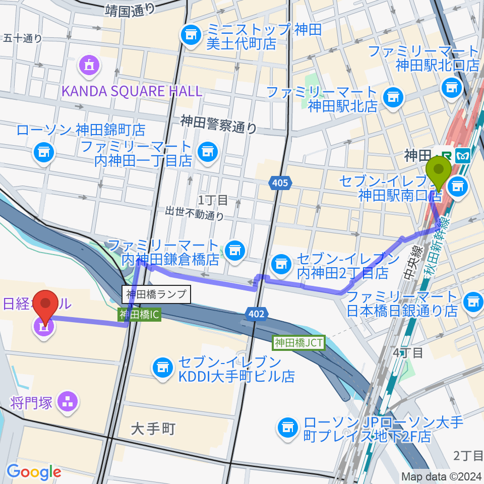 神田駅から日経ホールへのルートマップ地図