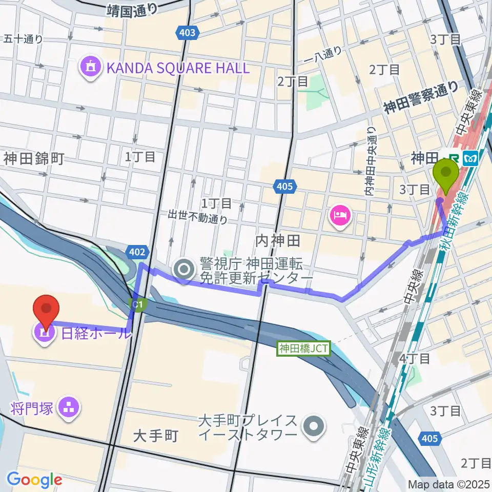 神田駅から日経ホールへのルートマップ地図