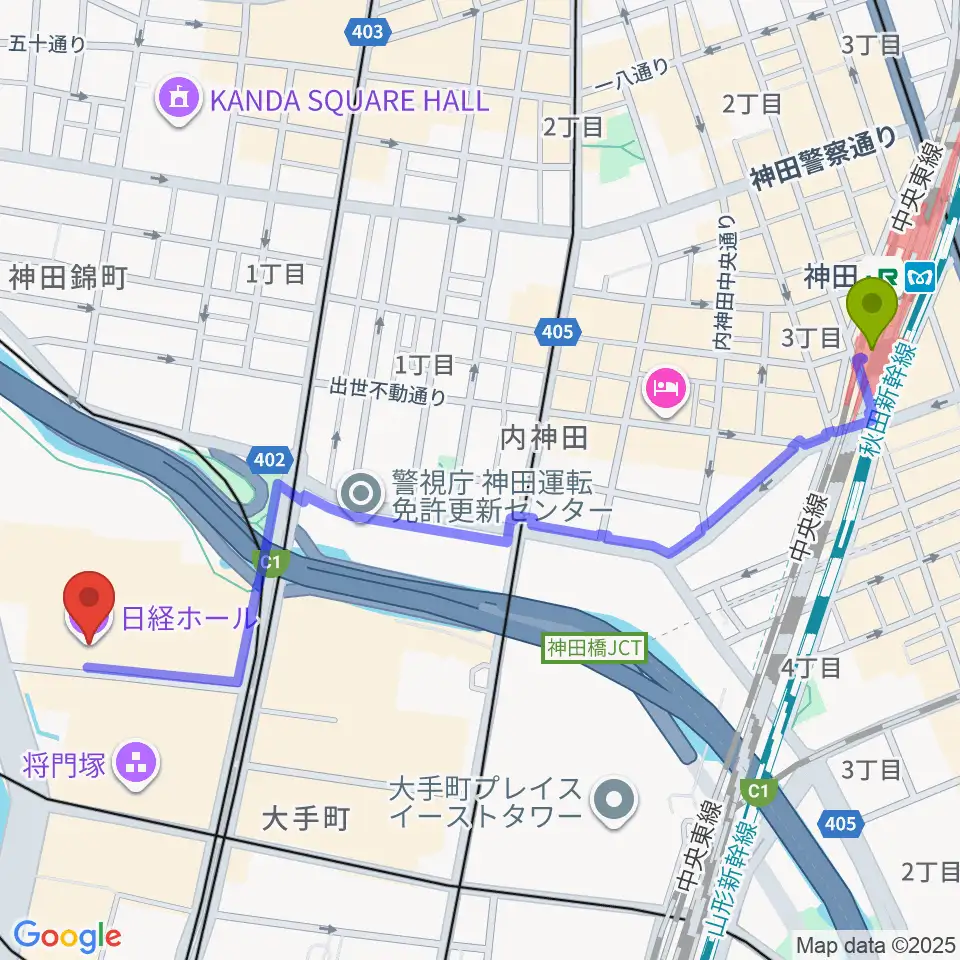 神田駅から日経ホールへのルートマップ地図