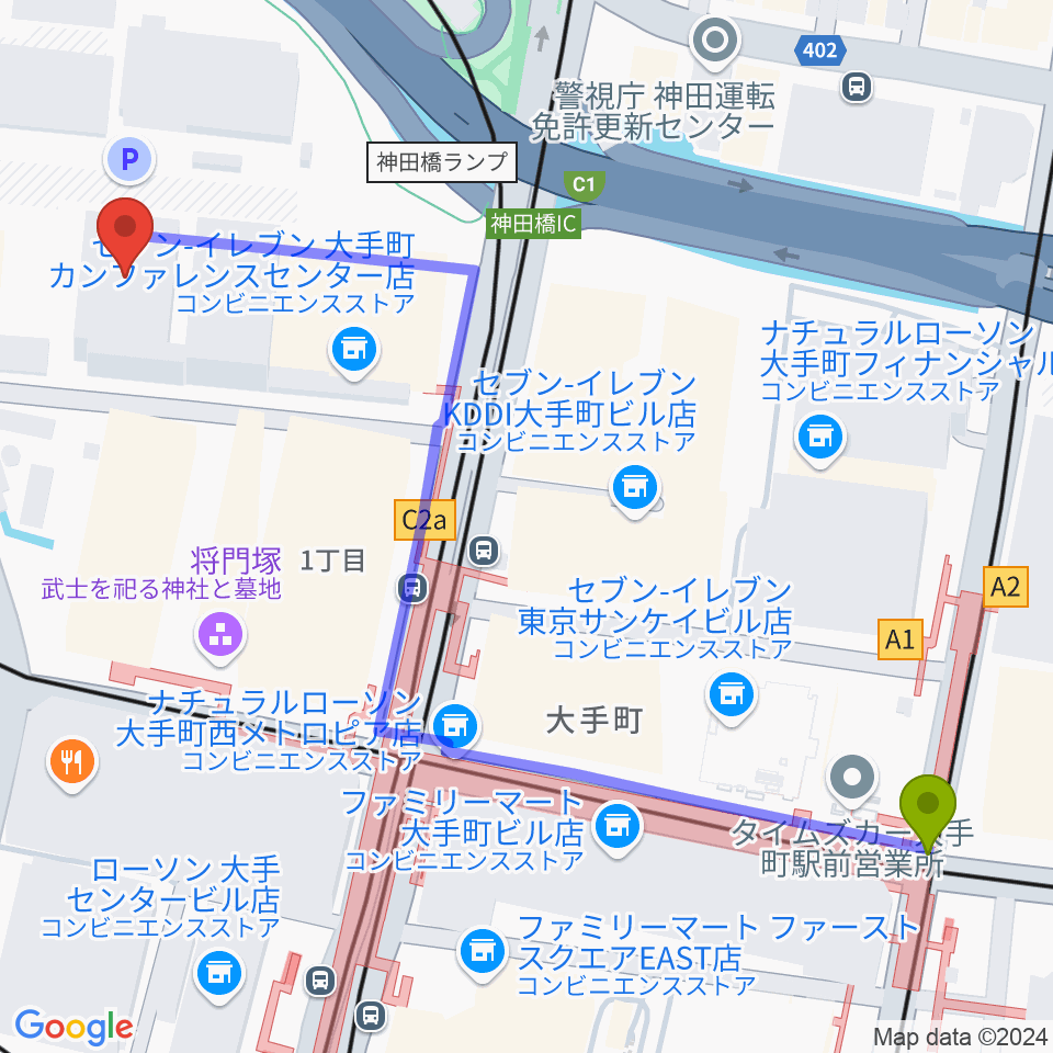 日経ホールの最寄駅大手町駅からの徒歩ルート（約7分）地図