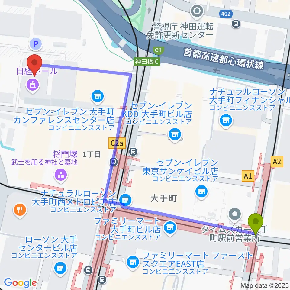 日経ホールの最寄駅大手町駅からの徒歩ルート（約7分）地図