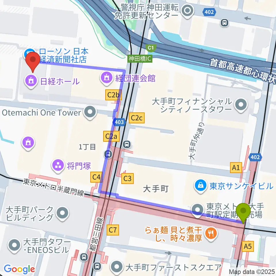 日経ホールの最寄駅大手町駅からの徒歩ルート（約7分）地図