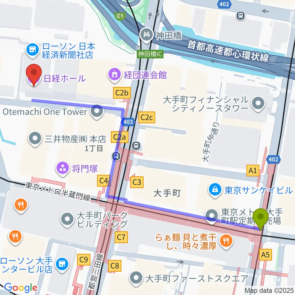 日経ホールの最寄駅大手町駅からの徒歩ルート（約7分）地図