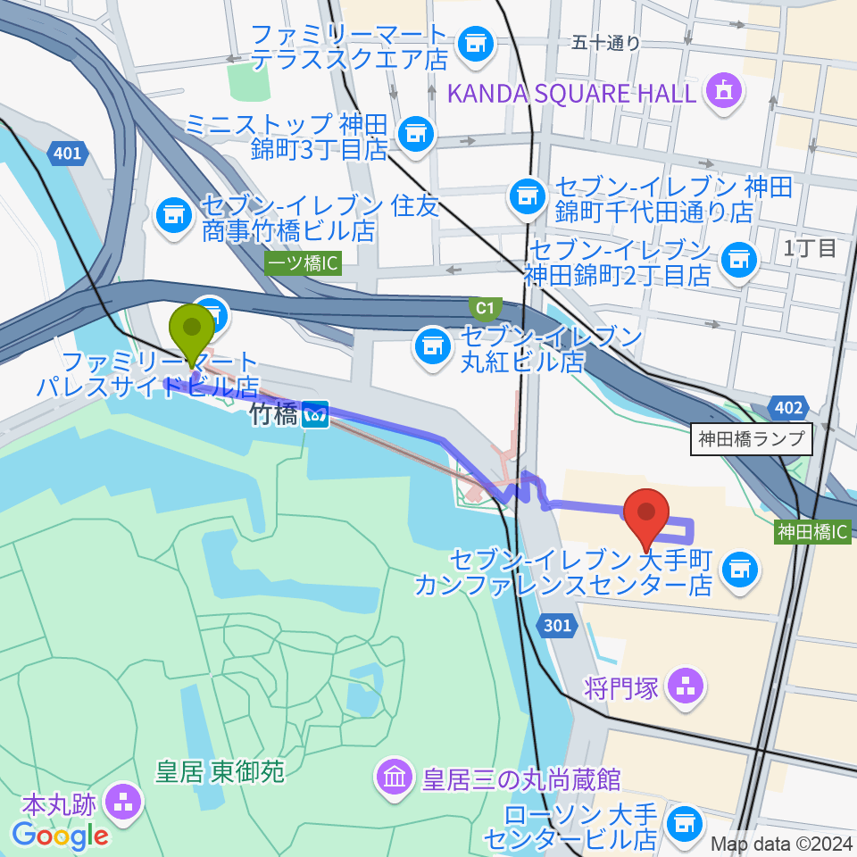 竹橋駅から日経ホールへのルートマップ地図