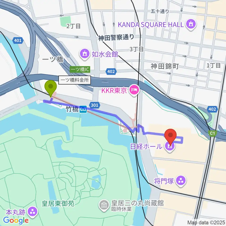 竹橋駅から日経ホールへのルートマップ地図