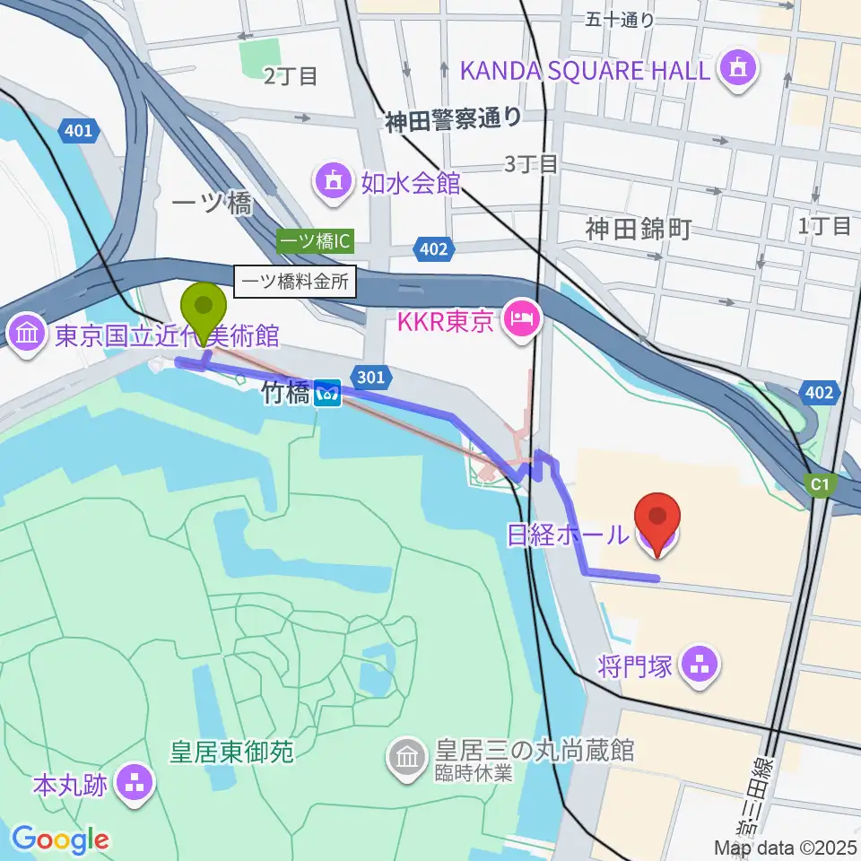 竹橋駅から日経ホールへのルートマップ地図