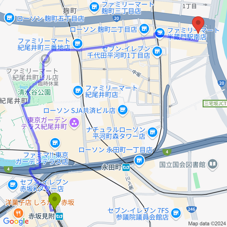 赤坂見附駅からTOKYO FM HALLへのルートマップ地図