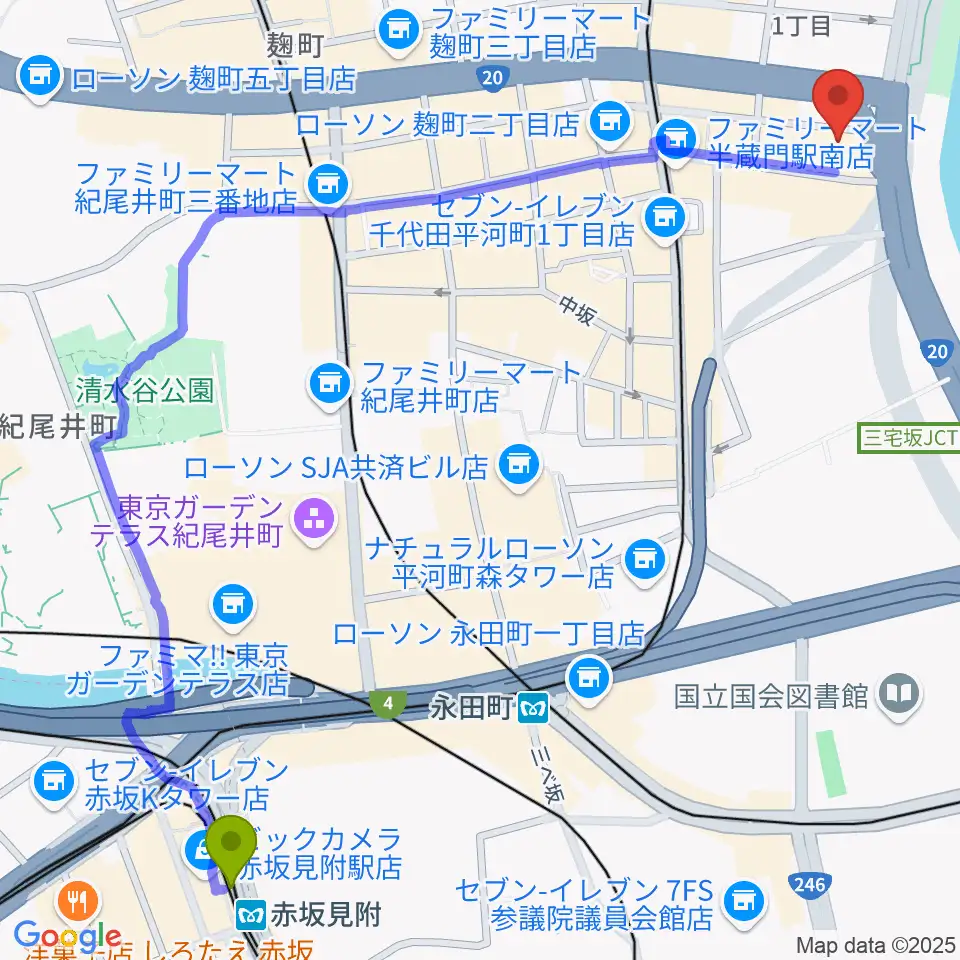 赤坂見附駅からTOKYO FM HALLへのルートマップ地図