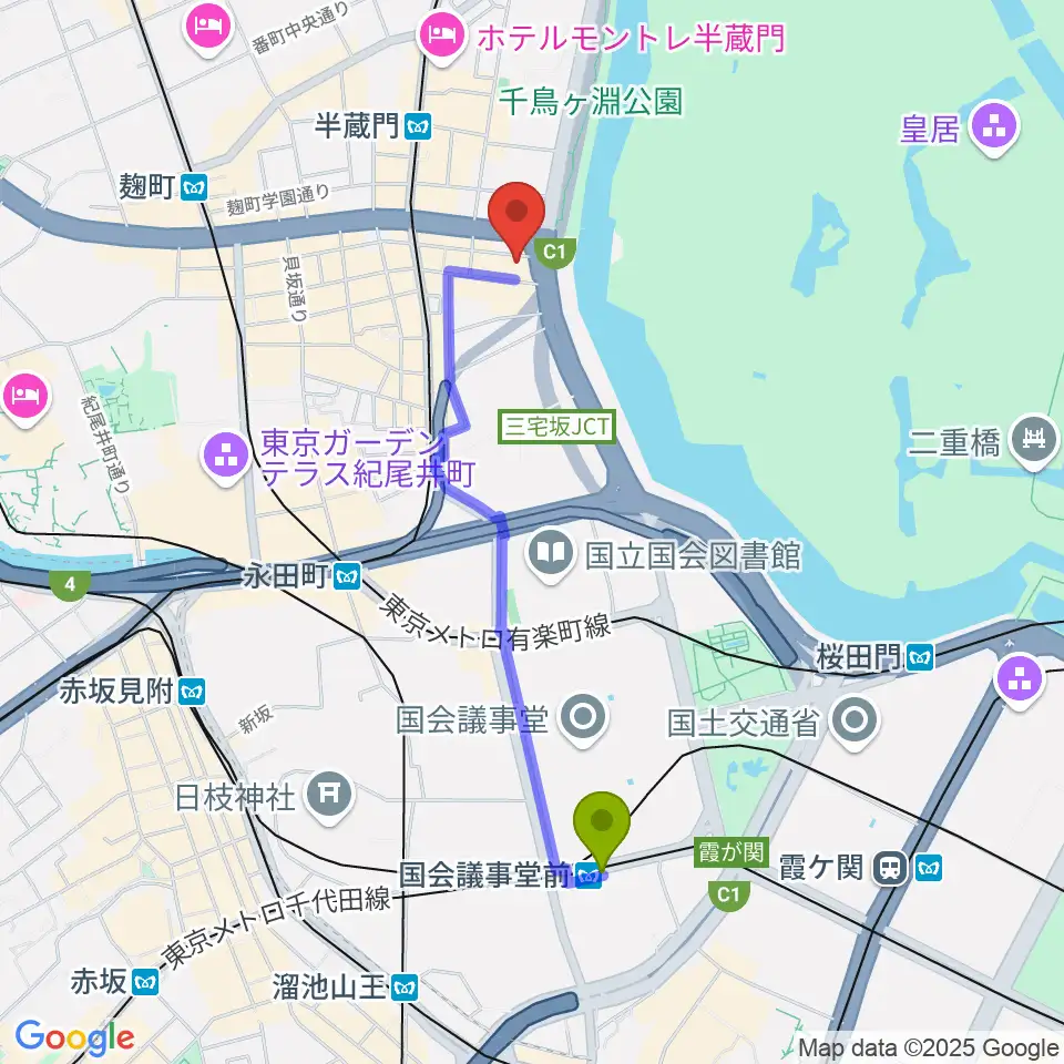 国会議事堂前駅からTOKYO FM HALLへのルートマップ地図