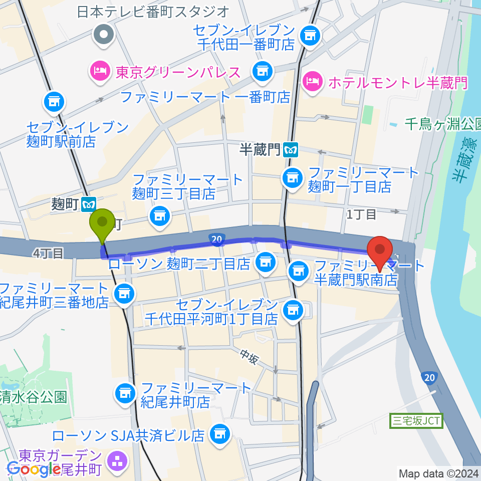 麹町駅からTOKYO FM HALLへのルートマップ地図