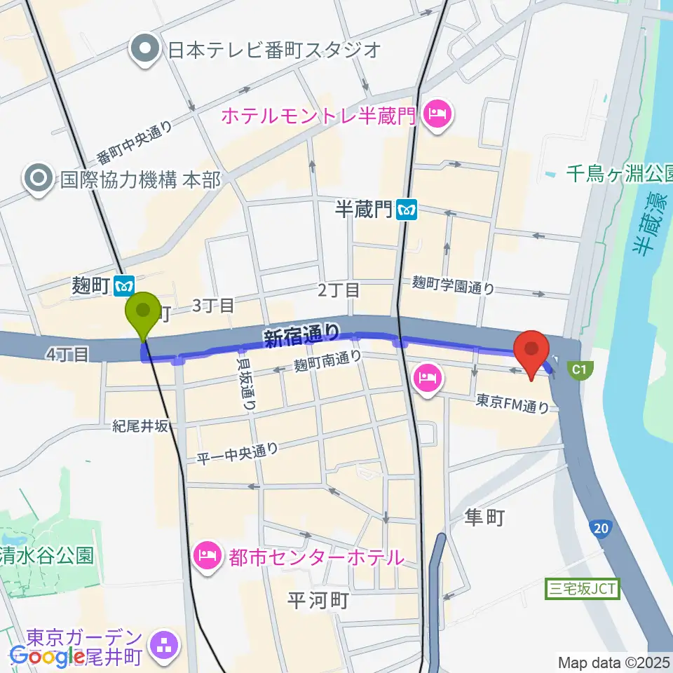 麹町駅からTOKYO FM HALLへのルートマップ地図