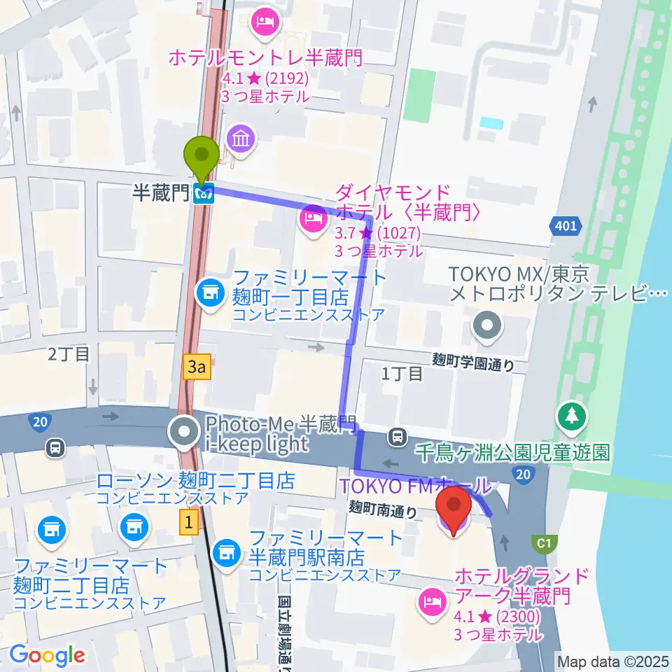 TOKYO FM HALLの最寄駅半蔵門駅からの徒歩ルート（約5分）地図