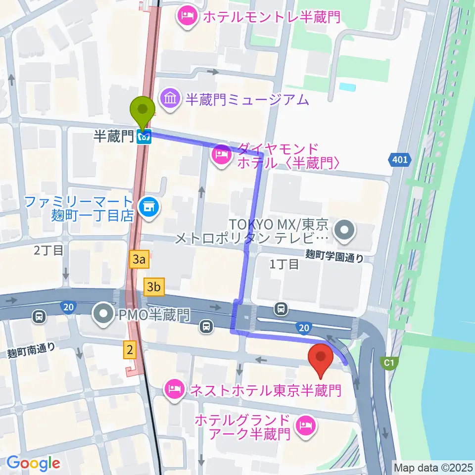 TOKYO FM HALLの最寄駅半蔵門駅からの徒歩ルート（約5分）地図