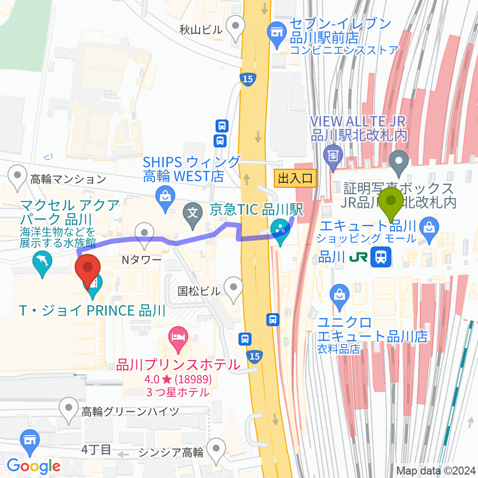 品川ステラボールの最寄駅品川駅からの徒歩ルート（約5分）地図
