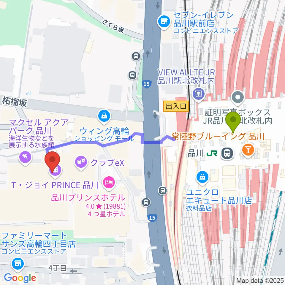 品川ステラボールの最寄駅品川駅からの徒歩ルート（約5分）地図