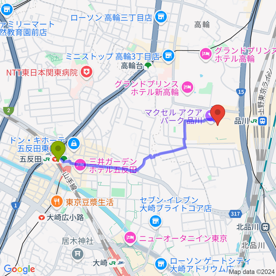 五反田駅から品川ステラボールへのルートマップ Mdata