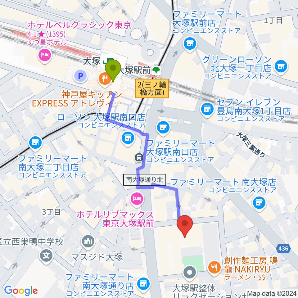 南大塚ホールの最寄駅大塚駅からの徒歩ルート（約4分）地図