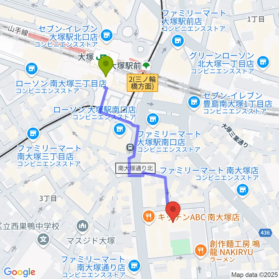 南大塚ホールの最寄駅大塚駅からの徒歩ルート（約4分）地図