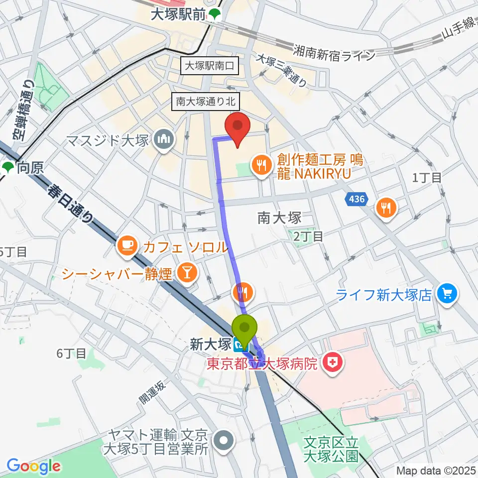 新大塚駅から南大塚ホールへのルートマップ MDATA