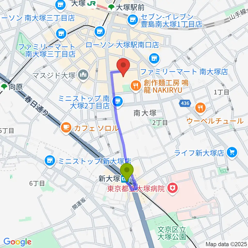 新大塚駅から南大塚ホールへのルートマップ地図