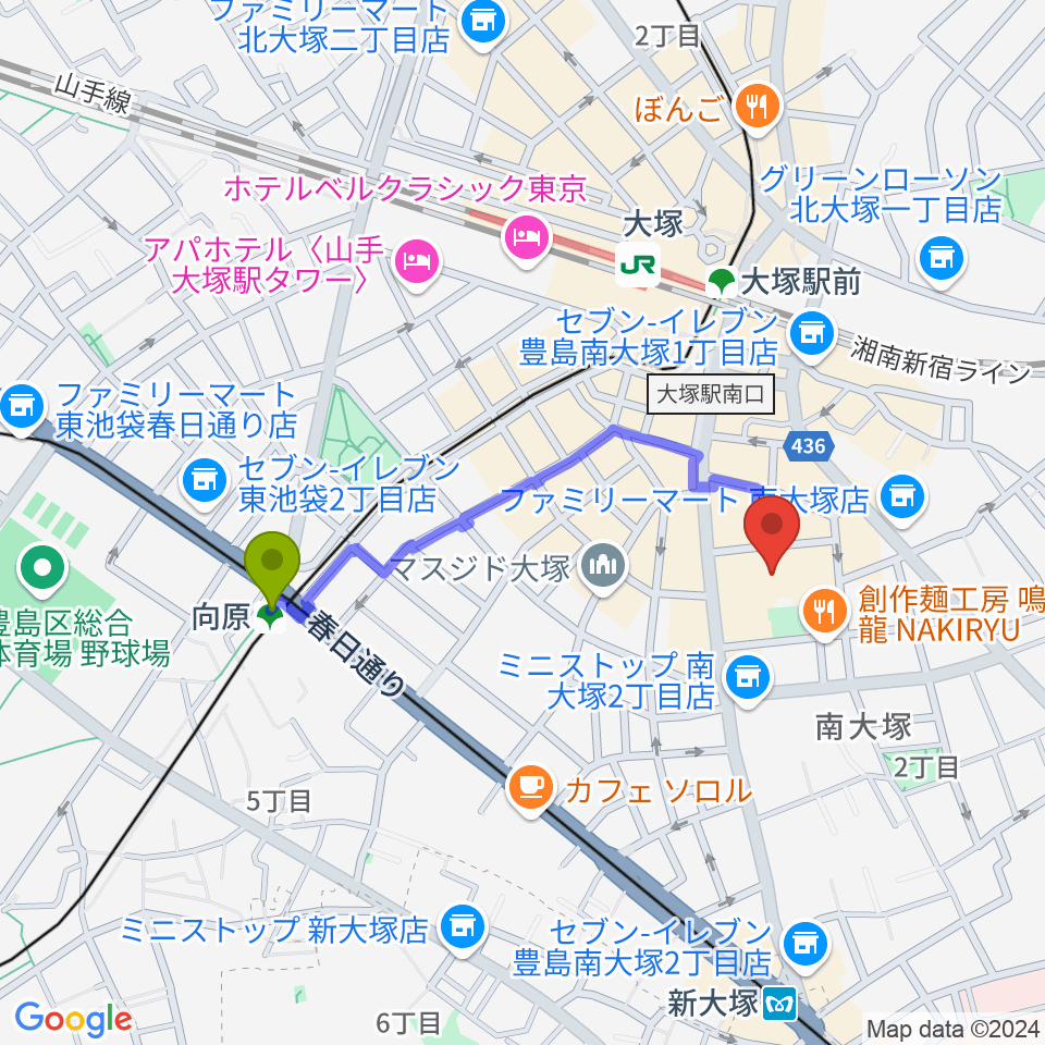 向原駅から南大塚ホールへのルートマップ地図