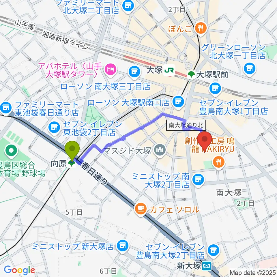 向原駅から南大塚ホールへのルートマップ地図