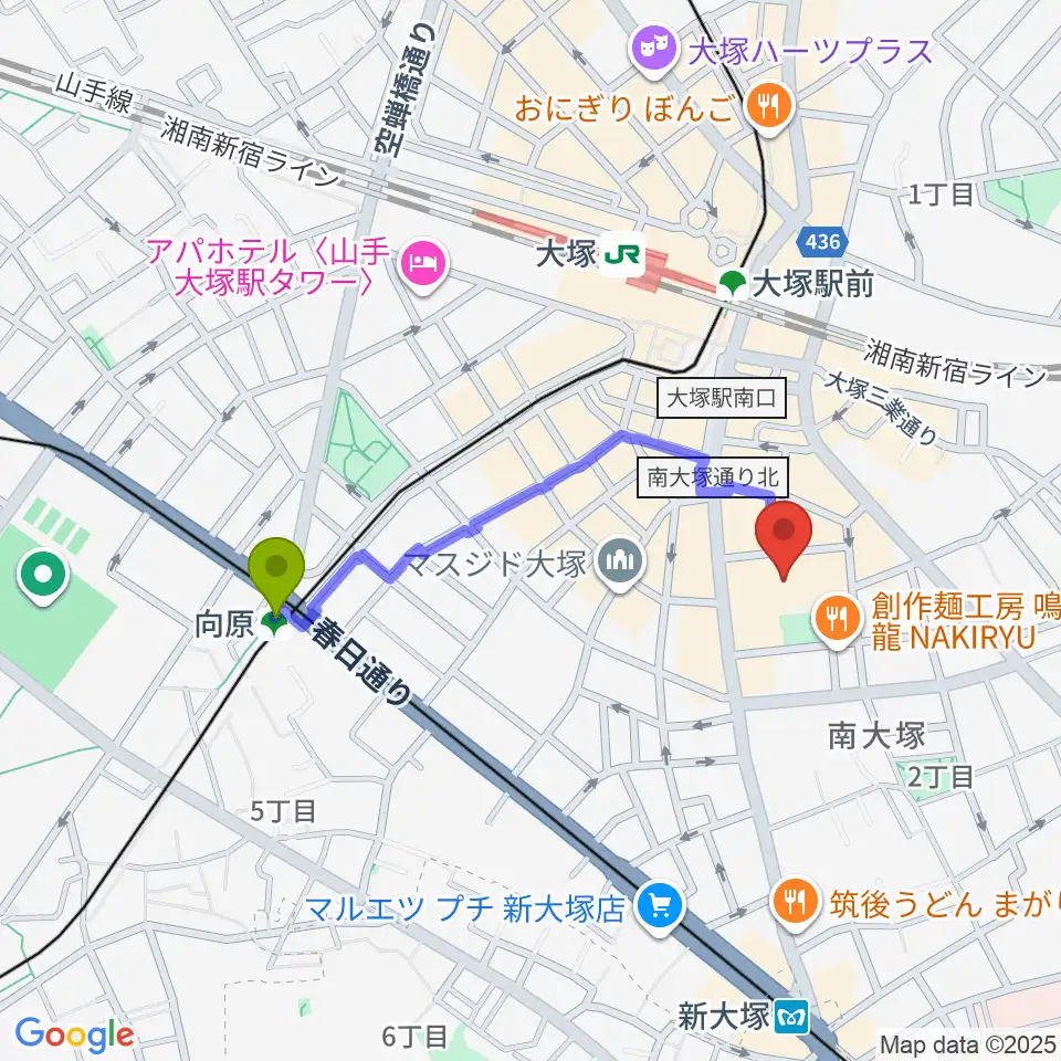 向原駅から南大塚ホールへのルートマップ地図
