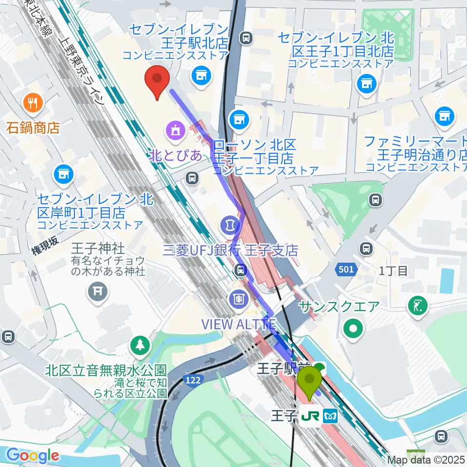 北とぴあの最寄駅王子駅からの徒歩ルート（約6分）地図