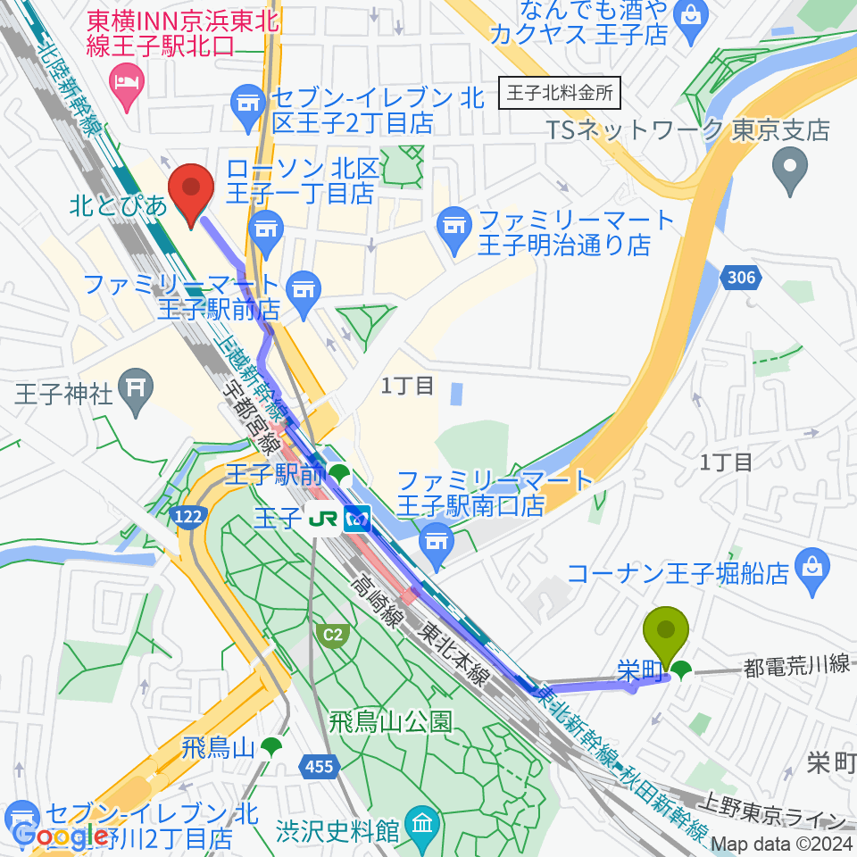 栄町駅から北とぴあへのルートマップ地図