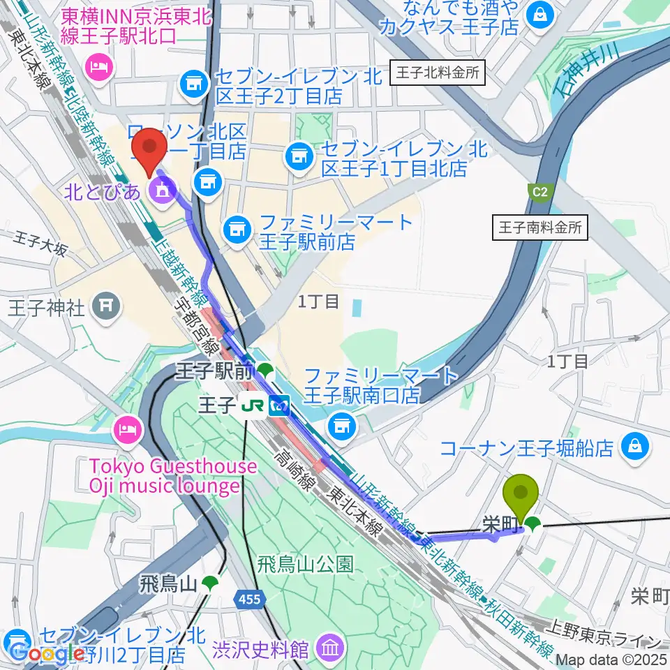 栄町駅から北とぴあへのルートマップ地図