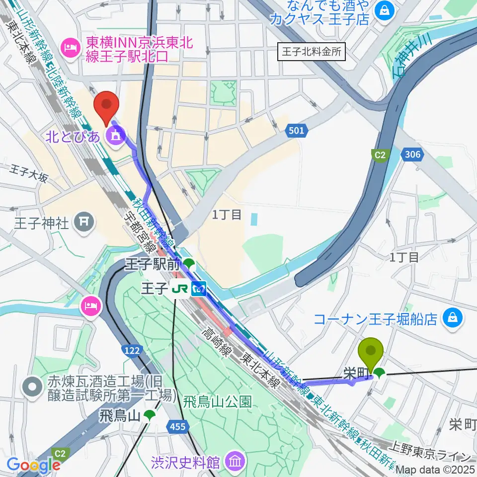 栄町駅から北とぴあへのルートマップ地図