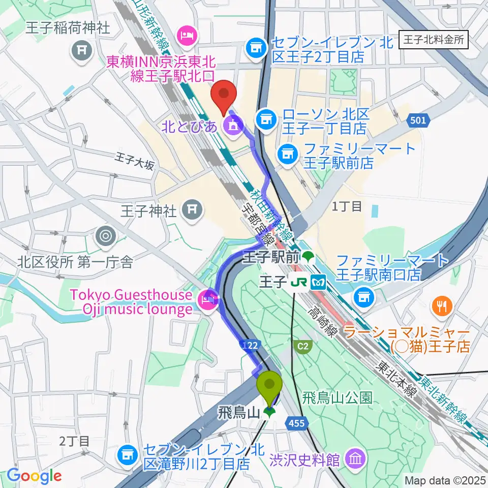 飛鳥山駅から北とぴあへのルートマップ地図